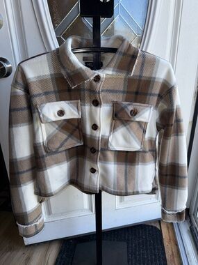 Hello Molly Tan & Cream Plaid Cropped Shacket